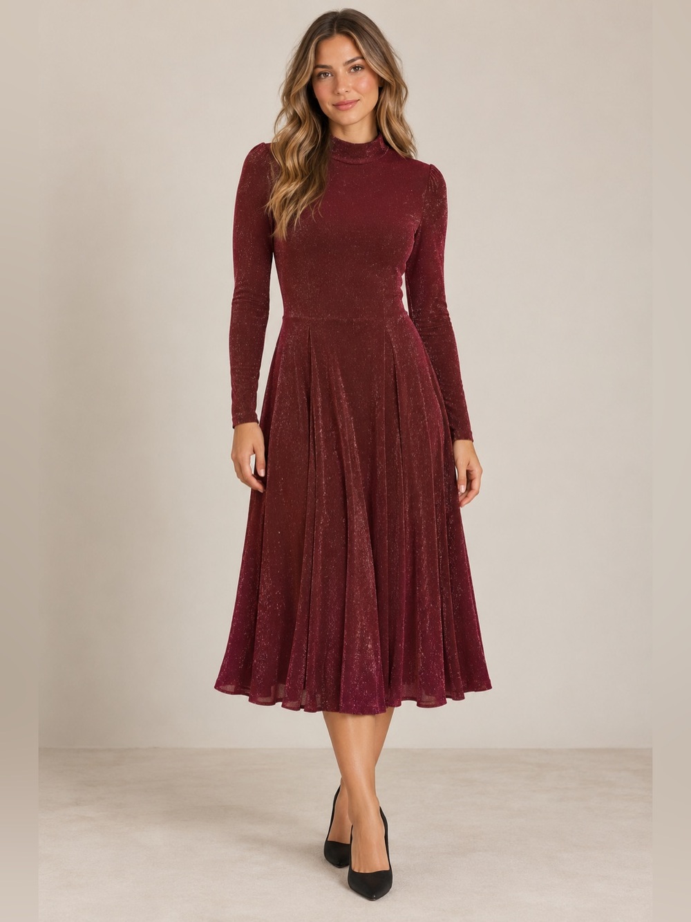 SHEIN Sparkle Long-Sleeve Midi Dress in Wine Red